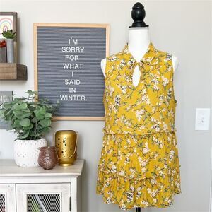 Kori Yellow Floral Tiered Tank with Collar and Front Tie - Size L
